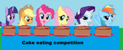 Size: 999x408 | Tagged: safe, artist:arvinsharifzadeh, applejack, fluttershy, pinkie pie, rainbow dash, rarity, twilight sparkle, alicorn, pony, g4, 1000 hours in ms paint, cake, eating contest, food, needs more smoothness, pixelated, this will end in weight gain, twilight sparkle (alicorn)