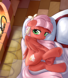 Size: 1106x1272 | Tagged: safe, artist:pestil, oc, oc only, oc:scarlet dawn, pegasus, pony, bedroom eyes, blanket, blushing, bow, butt, cutie mark, female, fire, fireplace, floppy ears, from above, hair bow, hair ribbon, looking at you, lying, pillow, plot, ribbon, rug, smiling, solo, underhoof, wings