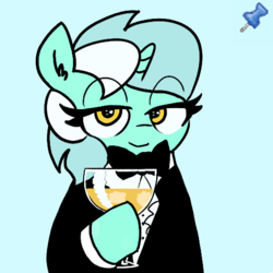 Size: 512x512 | Tagged: artist needed, safe, lyra heartstrings, pony, unicorn, g4, bowtie, champagne glass, clothes, female, glass, meme, ponified meme, solo, sticky, toasting, tuxedo, wine glass