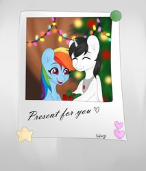 Size: 4256x5000 | Tagged: safe, artist:bestiary, rainbow dash, oc, oc:shiron, alicorn, pegasus, pony, g4, absurd resolution, alicorn oc, blushing, canon x oc, christmas, commission, holiday, horn, peytral, present, shinbow, shipping, wings