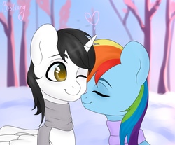 Size: 2604x2156 | Tagged: safe, artist:bestiary, rainbow dash, oc, oc:shiron, alicorn, pegasus, pony, g4, alicorn oc, canon x oc, clothes, commission, high res, horn, jewelry, necklace, scarf, shinbow, shipping, snow, wings, winter