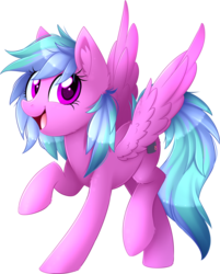 Size: 2464x3058 | Tagged: safe, artist:scarlet-spectrum, oc, oc only, oc:skylas, pegasus, pony, ear fluff, female, high res, leg fluff, looking at you, mare, multicolored hair, multicolored mane, multicolored tail, open mouth, raised hoof, raised leg, simple background, smiling, solo, spread wings, transparent background, watermark, wings