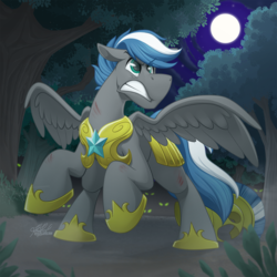 Size: 1446x1446 | Tagged: safe, artist:bcpony, oc, oc only, oc:cloud zapper, pegasus, pony, armor, commission, forest, full moon, hoof shoes, male, moon, night, royal guard, solo, stallion, stars