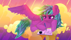 Size: 3000x1687 | Tagged: safe, artist:nicompictures, oc, oc only, oc:skylas, pony, female, mare, multicolored hair, multicolored mane, multicolored tail, solo, spread wings, wings