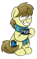 Size: 706x1132 | Tagged: safe, artist:bobthedalek, oc, oc only, oc:kettle master, earth pony, pony, 2019 community collab, derpibooru community collaboration, caffeine, clothes, cup, scarf, shaking, simple background, solo, tea, teacup, transparent background