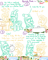 Size: 1280x1611 | Tagged: safe, artist:adorkabletwilightandfriends, bon bon, lyra heartstrings, sweetie drops, earth pony, pony, unicorn, comic:adorkable twilight and friends, g4, adorkable, adorkable friends, bowl, broccoli, cake, carrot, christmas, christmas decoration, clothes, comic, cookie, cupcake, cute, dinner, dork, feast, food, hat, hearth's warming, hearth's warming eve, herbivore, holiday, humor, lineart, muffin, pea, platter, santa hat, scarf, sweater, throwing, vegetables
