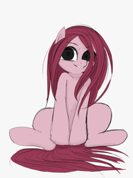 Size: 1024x1366 | Tagged: safe, artist:manachaaaaaaaa, pinkie pie, earth pony, pony, g4, black sclera, female, grin, looking at you, mare, pinkamena diane pie, simple background, sitting, smiling, solo, white background