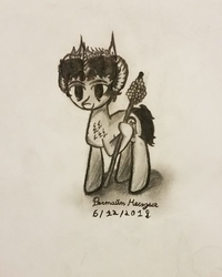 Size: 1932x2413 | Tagged: safe, artist:antique1899, oc, oc only, oc:ragtime melody, pony, unicorn, dionysus, food, grapes, monochrome, sketch, solo, staff