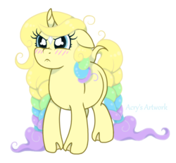 Size: 720x665 | Tagged: safe, artist:acry-artwork, oc, oc:acry, oc:acry weaver, pony, unicorn, blushing, braid, braided tail, cloven hooves, curved horn, horn, simple background, transparent background