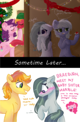Size: 622x949 | Tagged: safe, artist:colorbrush, artist:dreamscapevalley edits, edit, big macintosh, braeburn, limestone pie, marble pie, pinkie pie, sugar belle, best gift ever, g4, aftermath, blushing, braeble, cute, female, good end, heartbroken marble, introduction, male, marbleburn, nuzzling, ship sinking, ship:sugarmac, shipper on deck, shipper pie, shipping, shipping denied, shy, side chick, smiling, sometime later..., straight