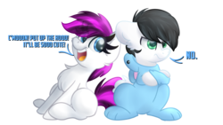 Size: 1920x1080 | Tagged: safe, artist:lbrcloud, oc, oc only, oc:blitz flame, oc:ember frost, pony, animal costume, bunny costume, clothes, costume, cute, dialogue, duo, easter, easter bunny, female, grumpy, holiday, male, mare, no, simple background, stallion, transparent background, ych result