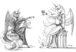 Size: 1936x1313 | Tagged: safe, artist:baron engel, princess celestia, princess luna, alicorn, anthro, unguligrade anthro, g4, alcohol, black and white, bracelet, breasts, cleavage, clothes, dress, duo, female, glass, goddess, grayscale, horn, horn jewelry, jewelry, mare, monochrome, necklace, pencil drawing, royal sisters, siblings, side slit, simple background, sisters, sitting, sketch, smiling, total sideslit, traditional art, white background, wine, wine glass
