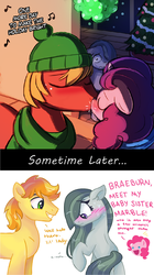 Size: 622x1107 | Tagged: safe, artist:dreamscapevalley edits, artist:lumineko, edit, big macintosh, braeburn, marble pie, pinkie pie, sugar belle, best gift ever, g4, aftermath, blushing, braeble, cute, female, good end, heartbroken marble, introduction, male, nuzzling, ship sinking, ship:sugarmac, shipper on deck, shipper pie, shipping, shipping denied, shy, side chick, smiling, sometime later..., straight