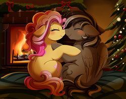 Size: 3030x2400 | Tagged: safe, artist:pridark, oc, oc only, earth pony, pegasus, pony, blushing, boop, christmas, christmas tree, commission, cute, daaaaaaaaaaaw, duo, eyes closed, female, fireplace, high res, holiday, male, mare, noseboop, oc x oc, shipping, smiling, stallion, straight, tree