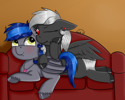 Size: 1280x1024 | Tagged: safe, artist:luriel maelstrom, oc, oc only, oc:luriel maelstrom, oc:styxus, bat pony, pegasus, pony, bat pony oc, blushing, couch, cute, ear piercing, fangs, gem, grin, guard, jewelry, lying down, male, necklace, night guard, piercing, royal guard, signature, smiling, smirk, snuggling, wings