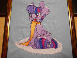 Size: 1280x960 | Tagged: safe, artist:cutepencilcase, artist:lightdragon1988, twilight sparkle, alicorn, pony, g4, cheek fluff, chest fluff, clothes, craft, cross stitch, ear fluff, embroidery, female, irl, mare, open mouth, photo, scarf, snow, snowfall, solo, traditional art, twilight sparkle (alicorn)