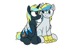 Size: 3000x2000 | Tagged: safe, artist:selenophile, oc, oc only, oc:cirrus sky, oc:electro current, hippogriff, pony, unicorn, 2019 community collab, derpibooru community collaboration, cirrent, female, high res, hug, looking at each other, male, oc x oc, shipping, simple background, straight, transparent background, winghug