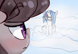 Size: 1024x705 | Tagged: dead source, safe, artist:woofmaple, dj pon-3, octavia melody, vinyl scratch, earth pony, pony, unicorn, g4, camouflage, female, lesbian, mare, octavia is not amused, ship:scratchtavia, shipping, smiling, snow, unamused