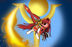 Size: 1634x1080 | Tagged: safe, artist:stellardust, derpibooru exclusive, pony, clothes, elesis (elsword), elsword, female, fire, gradient background, mare, ponified, solo, sword, weapon