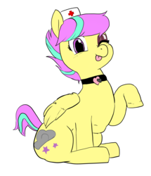 Size: 2200x2560 | Tagged: safe, artist:tacodeltaco, derpibooru exclusive, oc, oc only, oc:star shower, pegasus, pony, 2019 community collab, derpibooru community collaboration, choker, chubby, cutie mark, eyeshadow, fat, folded wings, hat, looking at you, makeup, nurse hat, one eye closed, raised hoof, short tail, simple background, sitting, tongue out, transparent background, wings, wink