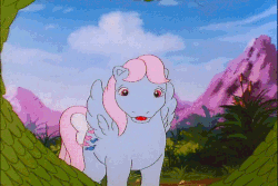 Size: 718x480 | Tagged: safe, screencap, buttons (g1), gusty, megan williams, wind whistler, pegasus, pony, unicorn, crunch the rockdog, g1, my little pony 'n friends, animated, best pony, bow, female, gif, hair bow, heart, heart stone, mouth hold, ot3, shipper on deck, shipping fuel, tail bow, walking, wreath