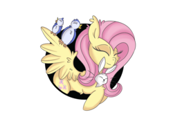 Size: 4000x2910 | Tagged: safe, artist:lycania29, angel bunny, fluttershy, bird, pegasus, pony, rabbit, g4, ear fluff, ear tufts, eyes closed, female, mare, simple background, smiling, spread wings, transparent background, wings