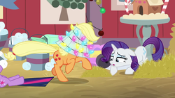 Size: 1280x720 | Tagged: safe, screencap, applejack, rarity, twilight sparkle, alicorn, pony, g4, the great escape room, candy, candy cane, christmas, christmas lights, food, hay, holiday, twilight sparkle (alicorn)