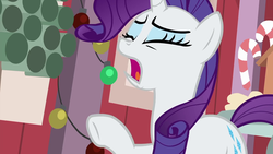 Size: 1280x720 | Tagged: safe, screencap, rarity, pony, unicorn, g4, the great escape room, eyes closed, female, mare, open mouth, raised hoof, solo, underhoof