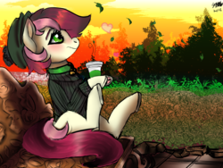 Size: 1600x1200 | Tagged: safe, artist:brainiac, roseluck, pony, g4, blushing, clothes, coffee, coffee cup, cup, female, frog (hoof), hat, hoof hold, solo, underhoof
