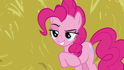 Size: 1280x720 | Tagged: safe, screencap, pinkie pie, earth pony, pony, g4, hearth's warming shorts, the great escape room, female, hay, mare, raised hoof, solo