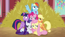 Size: 1280x720 | Tagged: safe, screencap, applejack, fluttershy, pinkie pie, rainbow dash, rarity, twilight sparkle, alicorn, pony, g4, hearth's warming shorts, my little pony best gift ever, the great escape room, female, hay, mane six, scared, twilight sparkle (alicorn)