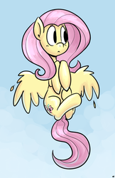 Size: 1242x1920 | Tagged: safe, artist:benja, fluttershy, pegasus, pony, g4, cute, female, flying, hooves to the chest, looking away, looking sideways, mare, shyabetes, signature, sky, solo, spread wings, wings