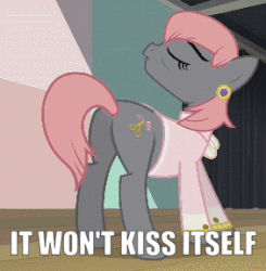 Size: 282x288 | Tagged: safe, edit, edited screencap, screencap, prim hemline, g4, rarity takes manehattan, animated, butt, caption, gif, gif with captions, image macro, impact font, it ain't gonna kiss itself, kiss my ass, plot, tail flick, text