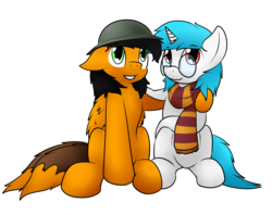 Size: 1610x1273 | Tagged: safe, artist:the-furry-railfan, oc, oc only, oc:minty candy, oc:twintails, pegasus, pony, unicorn, 2019 community collab, derpibooru community collaboration, brodie helmet, clothes, glasses, helmet, scarf, simple background, transparent background