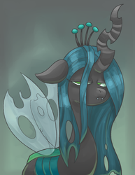 Size: 756x981 | Tagged: safe, artist:benja, queen chrysalis, changeling, changeling queen, g4, crown, female, floppy ears, grumpy, jewelry, madorable, no pupils, queen chrysalis is not amused, regalia, solo, unamused