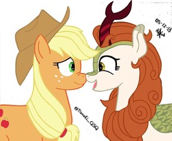 Size: 1280x1048 | Tagged: safe, artist:kobato98, color edit, edit, applejack, autumn blaze, earth pony, kirin, pony, g4, sounds of silence, autumnjack, boop, colored, eye contact, female, freckles, hat, horn, lesbian, looking at each other, nose to nose, nose wrinkle, noseboop, shipping, simple background, white background