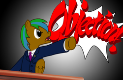 Size: 1000x650 | Tagged: safe, artist:jakubik25, oc, oc only, oc:cloudy bolt, pony, ace attorney, clothes, objection, phoenix wright, pointing, solo, suit