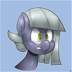 Size: 1000x1000 | Tagged: safe, artist:benja, limestone pie, earth pony, pony, g4, angry, blue background, bust, colored pupils, cute, ear fluff, female, limabetes, portrait, simple background, solo
