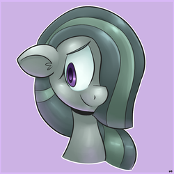 Size: 1000x1000 | Tagged: safe, artist:benja, marble pie, earth pony, pony, g4, bust, colored pupils, cute, ear fluff, female, floppy ears, hair over one eye, marblebetes, mare, portrait, purple background, signature, simple background, solo