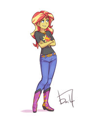 Size: 1024x1449 | Tagged: safe, artist:jurill, sunset shimmer, human, g4, belt, boots, clothes, crossed arms, female, geode of empathy, humanized, jeans, magical geodes, pants, shoes, signature, simple background, smiling, solo, white background