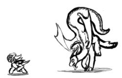 Size: 805x517 | Tagged: safe, artist:ampderg, dragon, pony, chase, imminent vore, monochrome, size difference