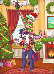 Size: 1280x1753 | Tagged: safe, artist:king-kakapo, oc, oc:rory, oc:thistle, dracony, hybrid, satyr, christmas, christmas presents, christmas stocking, christmas sweater, christmas tree, clothes, commission, female, fireplace, hat, holiday, interspecies offspring, male, mistleholly, mistletoe, offspring, pants, parent:spike, parent:twilight sparkle, parents:twispike, piggyback ride, santa hat, smiling, sweater, tongue out, tree