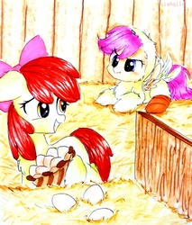 Size: 935x1096 | Tagged: safe, artist:liaaqila, apple bloom, scootaloo, earth pony, pegasus, pony, g4, :t, adorabloom, angry, animal costume, cheek fluff, chest fluff, chicken coop, chicken suit, clothes, costume, cute, cutealoo, egg, female, filly, floppy ears, fluffy, frown, glare, grumpaloo, grumpy, hay, hen, hoof fluff, leg fluff, looking back, madorable, nervous, prone, scootachicken, scootaloo is not amused, spread wings, squee, tail feathers, traditional art, unamused, wings