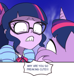 Size: 1654x1703 | Tagged: safe, artist:doublewbrothers, editor:slayerbvc, sci-twi, twilight sparkle, alicorn, pony, equestria girls, g4, my little pony equestria girls: better together, cheek squish, cropped, female, geode of telekinesis, magical geodes, mare, pony simulator, reaction image, squishy cheeks, twilight sparkle (alicorn), twolight