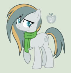 Size: 2376x2432 | Tagged: safe, artist:frostylithi, oc, oc only, oc:silver belle, earth pony, pony, base used, clothes, colored pupils, cutie mark, female, gray background, high res, mare, offspring, parent:big macintosh, parent:marble pie, parents:marblemac, raised hoof, scarf, simple background, solo