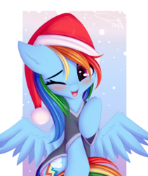 Size: 1166x1384 | Tagged: safe, artist:omi, rainbow dash, pegasus, pony, g4, backwards cutie mark, blushing, christmas, clothes, cute, daaaaaaaaaaaw, dashabetes, female, happy, hat, holiday, looking at you, mare, one eye closed, open mouth, open smile, panties, santa hat, shirt, smiling, smiling at you, solo, spread wings, sweet dreams fuel, t-shirt, underwear, wings, wink, winking at you