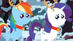 Size: 1280x720 | Tagged: safe, artist:dsiak, pinkie pie, rainbow dash, rarity, earth pony, pegasus, pony, unicorn, :o, animal costume, animated, antlers, bell, bell collar, bent over, blush sticker, blushing, butt, christmas, clothes, collar, costume, cute, eyebrow wiggle, eyes closed, eyes on the prize, face down ass up, female, frown, gif, glare, holiday, lesbian, looking at butt, looking at something, mare, one eye closed, open mouth, plot, pointy ponies, pronking, raribetes, raridash, red nosed, reindeer antlers, reindeer costume, rudolph dash, sad, santa costume, shipping, smiling, smirk, snow, something else also rises, spread wings, wat, wide eyes, wingboner, wings, wink