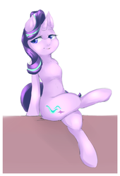 Size: 1029x1516 | Tagged: safe, artist:angrylittlerodent, starlight glimmer, pony, unicorn, semi-anthro, g4, arm hooves, crossed hooves, cute, female, glimmerbetes, lidded eyes, mare, sitting, solo