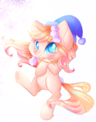 Size: 686x869 | Tagged: safe, artist:miniaru, oc, oc only, oc:may rose, pony, unicorn, christmas, female, flower, flower in hair, hat, holiday, jewelry, mare, necklace, rose, santa hat, snow, snowflake, solo, winter