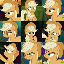 Size: 1024x1024 | Tagged: safe, edit, screencap, mean applejack, earth pony, pony, g4, the mean 6, applejack's hat, clone, collage, cowboy hat, female, freckles, hat, mare, open mouth, raised hoof
